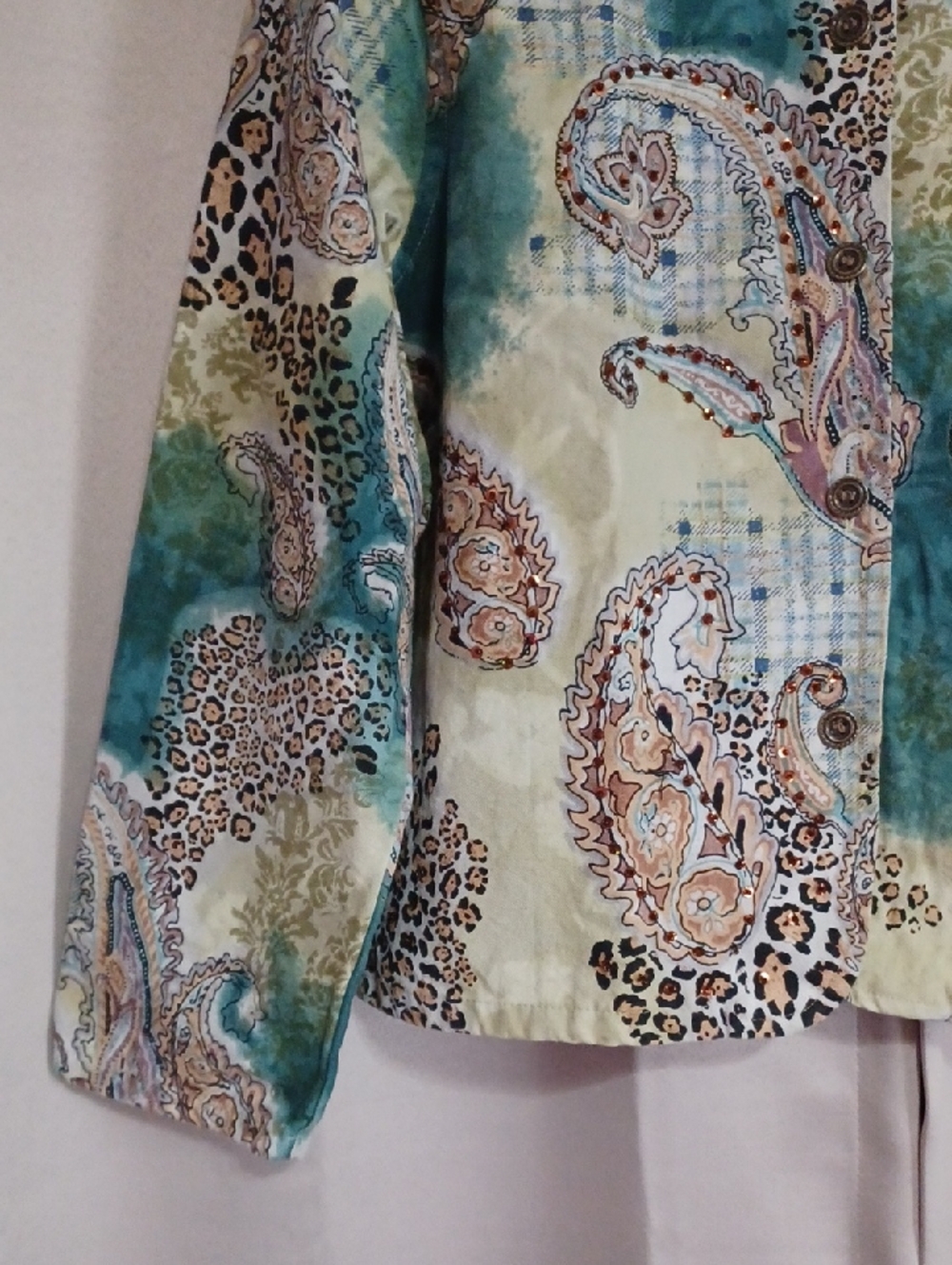 Gaudy Couture Paisley Animal Print Denim Jacket Rhinestones Button Front Sz M - Picture 8 of 15